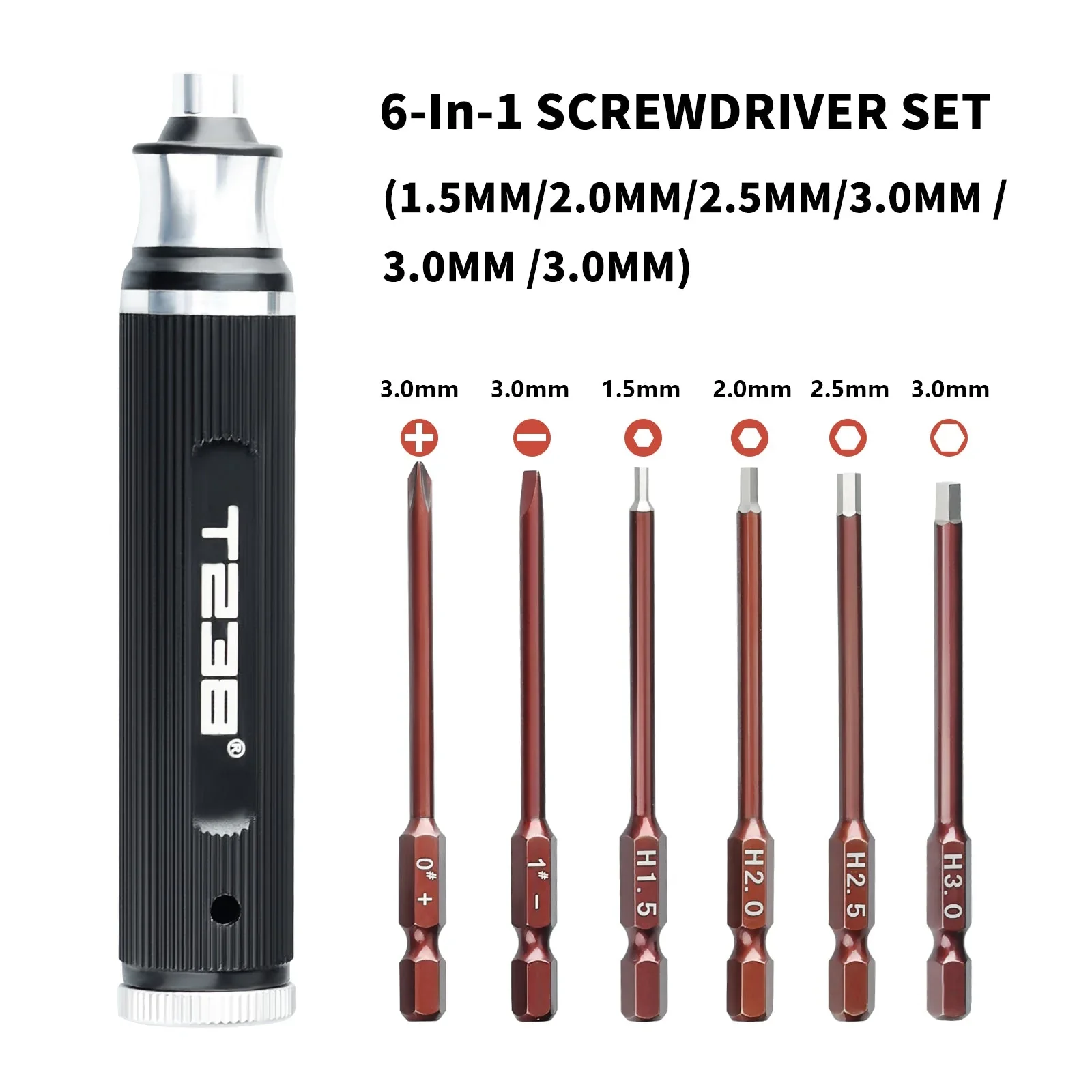 T238 6-in-1 Portable Screwdriver, Red Steel