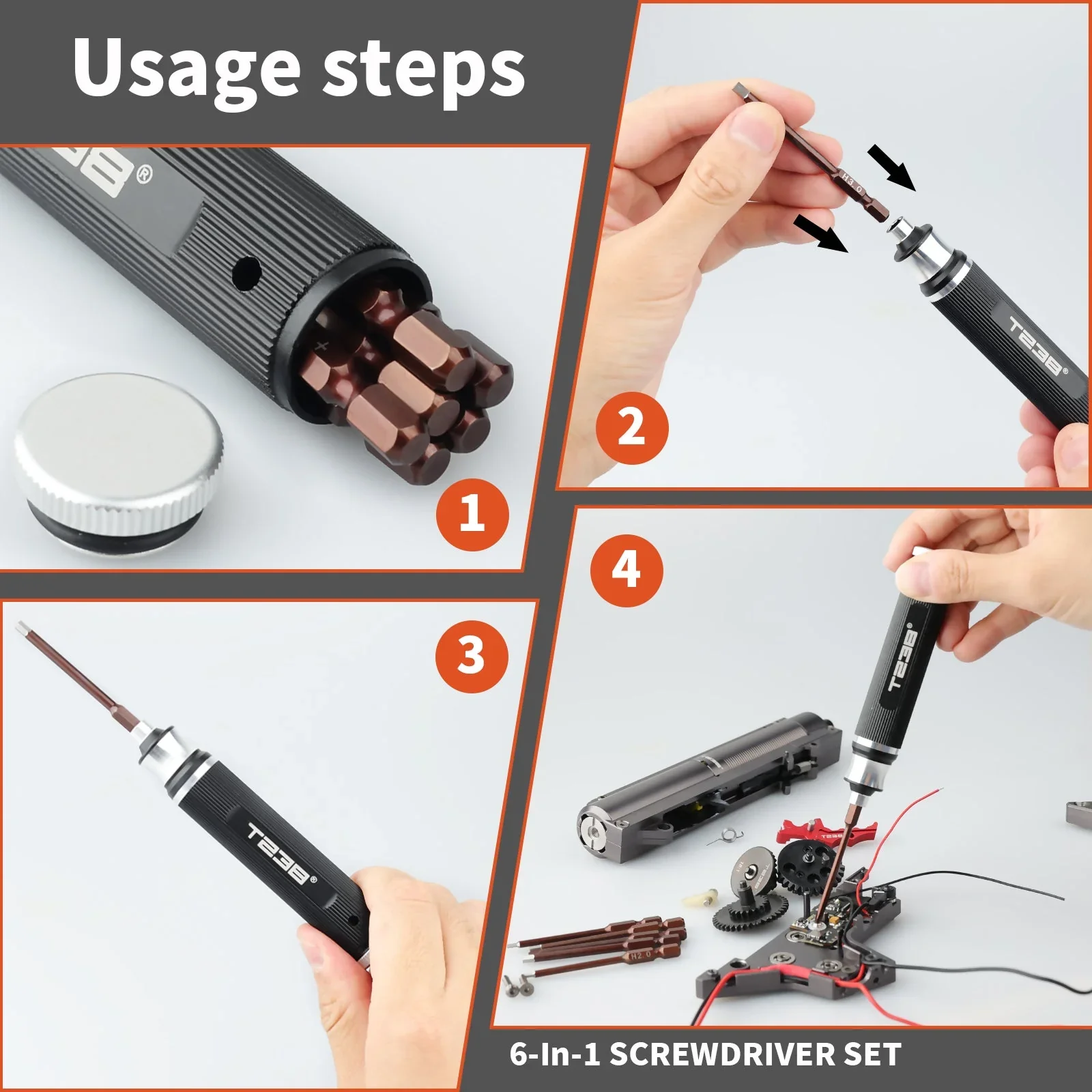 T238 6-in-1 Portable Screwdriver, Red Steel - Image 2